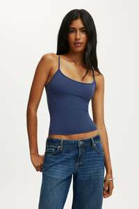 Ever Glow Women's <b>Navy</b> Blue Knitted Spaghetti Strap Tank Top Casual Summer Wear Solid Color O-Neck Regular Length Eco-Friendly - Product Image 3