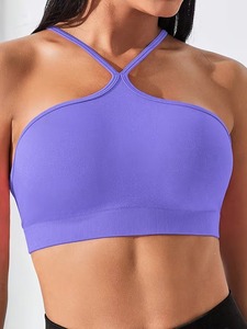 Female Seamless Halter Neck Athletic <b>Crop</b> <b>Top</b> Breathable Micro Knit Workout Bra Removable Cup Insert Wholesale Supply - Product Image 2