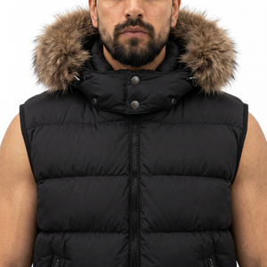 Men's Black <b>Hooded</b> Puffer <b>Jacket</b> <b>Fur</b> Trim Breathable Zipper Closure Windproof Cotton Filled Casual Streetwear Winter Wear - Product Image 2