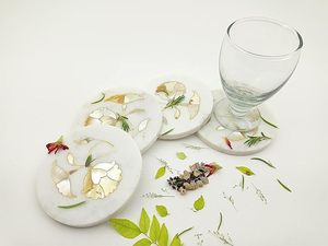 Luxury White <b>Marble</b> Floral <b>Coaster</b> Set Handmade Decorative Drink <b>Coasters</b> with Inlaid Flower Design - Product Image 4
