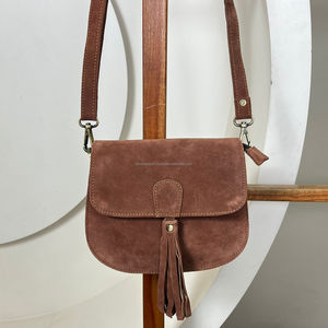 Vintage Durable Designer Genuine Brown <b>Suede</b> Leather Crossbody <b>Bag</b> Women's Boho Style <b>Tassel</b> Crossbody Shoulder Purse Handbag - Product Image 4