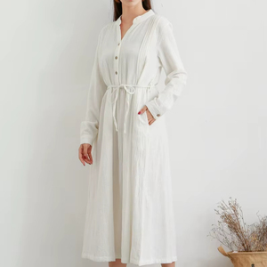 Vestido camisero de lino y algodón para mujer, vestido midi de manga larga con botones en la parte delantera, vestido informal de verano con cordón en la cintura, vestido elegante holgado - Product Image 1
