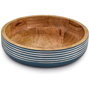 Bol à salade artisanal en bois de manguier, style rustique moderne bleu et blanc, décoratif et rainuré, pour fruits, collations et usage en cuisine - Product Image 1