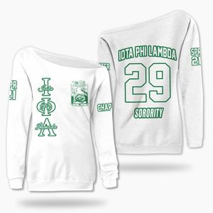 Sudadera Personalizada Iota Phi Lambda con Hombros Descubiertos, Color Blanco y Verde Esmeralda, Sudadera de la Hermandad Iota Phi Lambda - Product Image 3