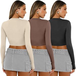 2025 2025 moda de otoño 3 paquetes de camisetas cortas de manga larga para mujer lindas Camisetas básicas ajustadas de Yoga 2025 trajes - Product Image 4