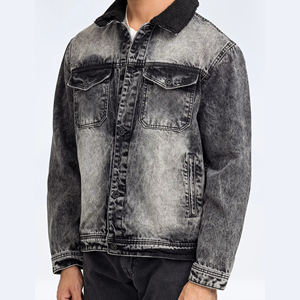 Wholesale High Quality Regular Fit Men's <b>Denim</b> <b>Jacket</b> Stand Collar Printed Zip for Winter Polyester/Cotton Streetwear OEM - Product Image 1