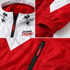 Veste coupe-vent à capuche Prime Power pour homme, nouvelle collection, rouge et blanc, blocs de couleur, fermeture éclair, résistante à l'eau, pour sports de plein air, coupe classique - Product Image 4