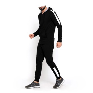Men Black <b>White</b> Panel Stripe Full Zip Hoodie Tracksuit Two <b>Piece</b> <b>Set</b> Slim Fit Cuffed Jogger Pants Casual Athletic Sport Suit - Product Image 1