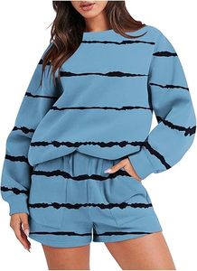 Women's Blue Striped <b>Knitted</b> 2-Piece Shorts <b>Set</b> Crew Neck Full Sleeve Loose Fit Casual Spring Summer Cotton Breathable Pocket - Product Image 2