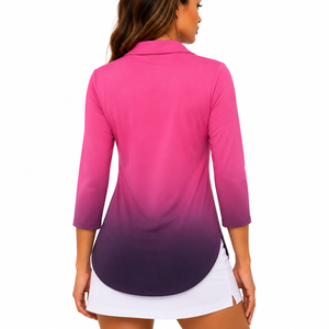<b>Women's</b> Light Blue <b>Quarter</b>-<b>Zip</b> V-neck 3/4 Sleeve Golf Shirt Casual Solid Color Quick Dry Four-Way Stretch Sweat-Wicking - Product Image 1