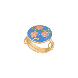 Anillo Redondo de Esmalte Azul Chapado en Oro para Mujer, con Patrón de Ramas de Flor Rosa, Accesorios para Fiestas, Joyería de Diseño - Product Image 1