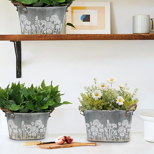 Oval Galvanized Planter Tubs Metal Flower <b>Pots</b> Jute with Handles 3 Pack <b>Large</b> Shallow Oval Galvanized Planter Tubs - Product Image 2