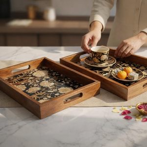Plateau de rangement rectangulaire en bois avec doublure florale, design empilable, style moderne et luxueux, finition polie, compatible lave-vaisselle, pour usage en cuisine - Product Image 6