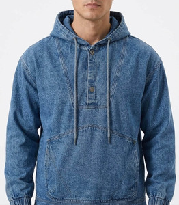 Veste à capuche unisexe en jean décontracté vintage avec cordon de serrage, coupe ajustée, délavage clair, coton écologique, pour l'automne - Product Image 1