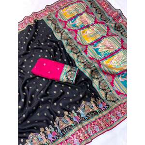 Sari Darbari en soie de viscose pure Elite Weaves, imprimé traditionnel indien en noir - Écharpe et châle imprimés - Product Image 2