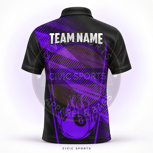 Camiseta Polo de Billar Personalizada para Hombre Civic Sports, Negra y Morada con el Número 8, Manga Corta, Nombre del Equipo, 100% Poliéster - Product Image 4