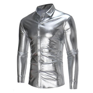 Men's Black PU Leather Long Sleeve Dress <b>Shirt</b> Solid Color Turn-down Collar Formal Style Autumn Wear - Product Image 5