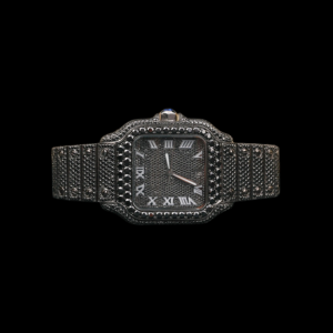 Reloj de pulsera de diseñador con esfera cuadrada totalmente engastada en diamantes de moissanita, bisel cuadrado con incrustaciones de diamantes negros y números romanos. - Product Image 1