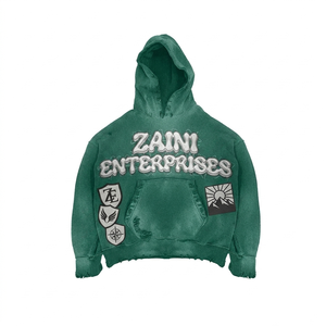 Sweat à capuche oversize en molleton de coton premium 400 GSM bleu ciel délavé à l'acide avec bord brut et broderie appliquée, logo personnalisé pour homme - Product Image 1