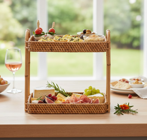 Handwoven Two Tier Rattan <b>Storage</b> Rack with Handle, Natural Wicker <b>Countertop</b> Organizer for Kitchen, <b>Bathroom</b>, Home Decor - Product Image 5