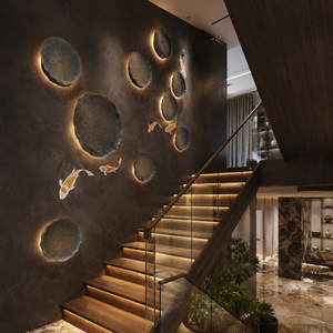 Escalier en bois de luxe avec éclairage LED intégré dans les marches, garde-corps en verre, design d'escalier moderne pour villa, hôtel, intérieur de maison - Product Image 1