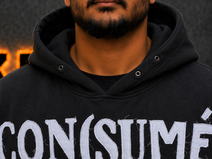 Men's <b>Black</b> Hooded <b>Sweatshirt</b> DTF print Below Hand Embroidery Streetwear Oversized Fit Autumn Wear - Product Image 4