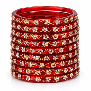 <b>Red</b> Glass Bangles with Stone Work Bridal Bangle Set Indian Wedding Chooda Style Rhinestone Stackable Jewelry - Product Image 1
