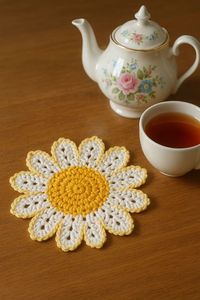 Delicate Crochet Daisy Coaster Handmade White Yellow Petals Cotton Yarn Heat Resistant <b>Table</b> Mat Boho Farmhouse <b>Kitchen</b> Decor - Product Image 2