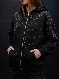 Sudadera con capucha extragrande de algodón grueso con cremallera completa y gráfico de telaraña de diamantes de imitación negros premium para hombre - Product Image 4