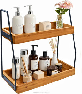 Estante de almacenamiento de baño de doble nivel con marco de acero Organizador multifuncional de madera de acacia para elementos esenciales y herramientas de baño - Product Image 1