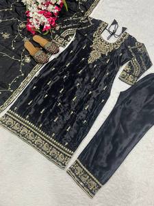 Women's <b>Black</b> Rayon Embroidered Floor-Length Traditional Indian <b>Pakistani</b> Wedding <b>Dress</b> With Gold Trim Regular Fit - Product Image 5