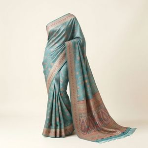 Sari en soie Kani du Cachemire, tissé à la main, style long, avec un design élégant - Product Image 1
