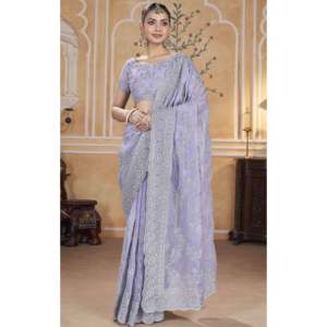 Sari con Bordado de Hilo Zari y Trabajo de Diamantes de Fantasía, Ropa India y Pakistaní - Product Image 1