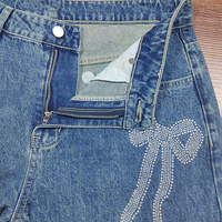 Pantalon en jean ample taille mi-haute pour femme, style Y2K, avec nœud en strass personnalisé, respirant, écologique, coupe ample et scintillante