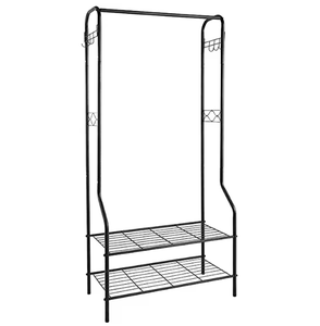 Adjustable Metal Garment Rack with Double <b>Shelves</b> <b>Hooks</b> Heavy Duty Clothes Hanger Stand for Bedroom Laundry Storage Display - Product Image 1