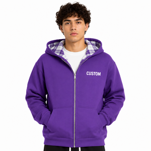 Premium Full Zip Cotton Fleece Hoodies Plaid Lined Hood Custom Logo Heavyweight Zip Up OEM Private <b>Label</b> Wholesale Streetwear - Product Image 1