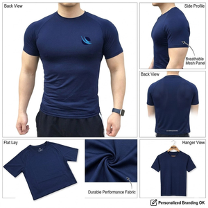 เสื้อรัดกล้ามเนื้อผู้ชายสีน้ำเงินกรมท่า แขนสั้น โพลีเอสเตอร์ แห้งเร็ว พิมพ์ลายด้านหน้า ออกแบบโลโก้ได้ตามต้องการ สำหรับผู้ใหญ่ เหมาะสำหรับเล่นกีฬา - Product Image 6