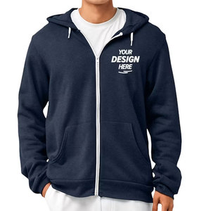 Men's <b>Navy</b> Blue Hooded Zip-Up Fleece Casual Solid Color Front Print Regular Fit Autumn Wear <b>Sweatshirt</b> - Product Image 1