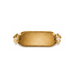 Golden Rectangular Serving <b>Tray</b> With Floral Handles Polished Metal Finish Residential Use - Product Image 2