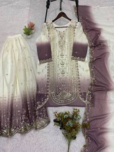 Women Traditional Indian Pakistani Printed <b>Star</b> Georgette Silk Wedding <b>Dress</b> Set Regular Length Purple White Embroidered Ombre - Product Image 5