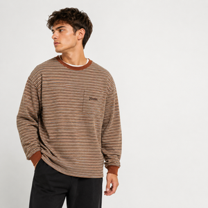 Sweat-shirt à col rond rayé à manches longues avec poche pour homme, tricoté surdimensionné, décontracté, automne, 95% coton, respirant, écologique - Product Image 3