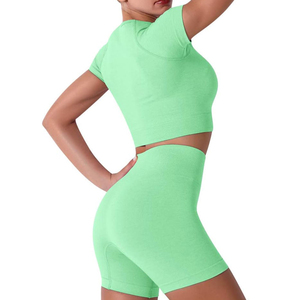 Women's Sporty <b>2</b>-<b>Piece</b> <b>Set</b> Sleeveless Crop Top With <b>White</b> Trim High-Waisted Shorts Solid Knitted Breathable Spring Summer - Product Image 3