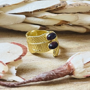 <b>Top</b> Choice Open Band <b>Feather</b> Amethyst Ring 18k Gold Plated Brass Boho Ring Double Stone Statement Wholesale Modern Style Ring - Product Image 3