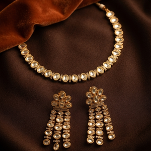 Elegant Artificial Moissanite <b>studded</b> Ethnic Gold Plated Choker Necklace Long Matching Drop <b>Earrings</b> Set for Women Anniversary - Product Image 3
