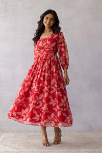 Vestido Midi de Gasa con Estampado Floral, Cuello Cuadrado, Manga Tres Cuartos, Corte en A, Holgado, Informal, Veraniego, Elegante para Mujer - Product Image 3