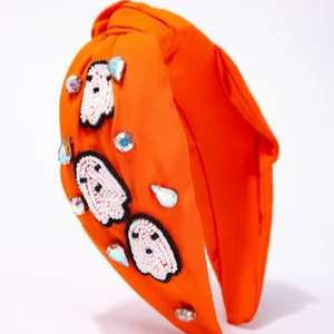 Diadema de Halloween con cuentas de fantasma, accesorio festivo hecho a mano con nudos naranjas y cristales para el cabello, para mujeres y niñas - Product Image 1