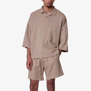 Men's Beige Oxford Polo <b>Shirt</b> <b>Half</b> Sleeve Casual <b>Button</b> Collared Cotton Solid Color Breathable Woven Fabric Regular Length - Product Image 1