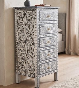 Artisan Resin Bone Inlay Nightstand With 5 <b>Drawers</b> Storage Cabinet Stylish Chevron End <b>Table</b> <b>Side</b> <b>Table</b> For Bedroom Indoor Use - Product Image 1