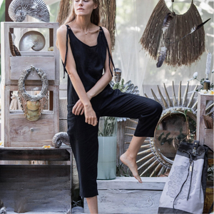 Combinaison en lin noir pour femmes, sans manches, ajustée, sexy, confortable, avec poches, tenue d'été, cadeau pour femmes - Product Image 4