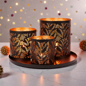 Black Metal <b>Lantern</b> <b>Set</b> With Leaf Pattern Die Cutting Design For Home Decoration Heat Resistant Steel Candle Holders - Product Image 4